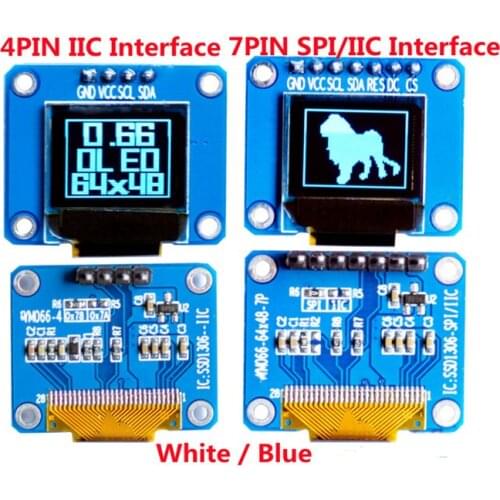 IPS 0.66 inch White/Blue PM OLED Screen SSD1306 Drive IC 4P IIC/7P SPI Interface 64*48