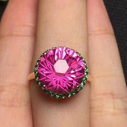 Fine Jewelry Real 18K Rose Gold AU750 100% Natural Round Pink Topaz Gemstone Female Rings for Women Fine Ring