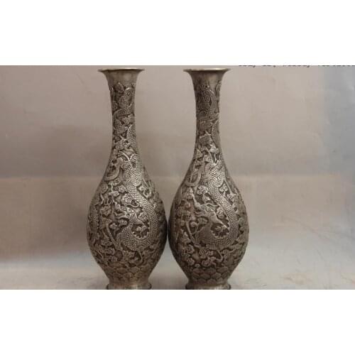 China White Copper Silver Feng Shui Wild animal Dragon Lucky Cloud Pot Vase Pair
