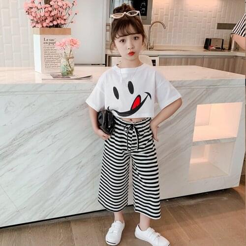 Teens Girls Fashion Clothes Set Striped Wide Leg Pants + White Cute Crop Top For Child Two Piece Outfit Summer Toddler Kids Suit