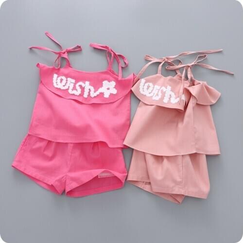 Korean 2 Pieces Set 2016 Girl Childrens Garment Summer New Pattern Girl Baby Letter Lotus Leaf Camisole Jacket Shorts Suit