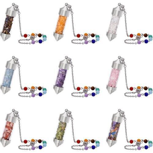 SUNYIK Chip Stone Wish Bottle Pendant with Necklace for Unisex,7 Chakra Stone Chain Pyramid Point Pendulum Healing Dowsing Reiki