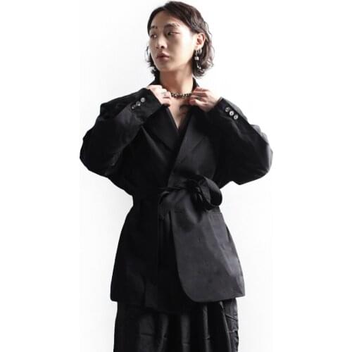 Trendy mens jacket cardigan belt waist Teddy belt jacket suit collar alternative fashion loose large size jacket