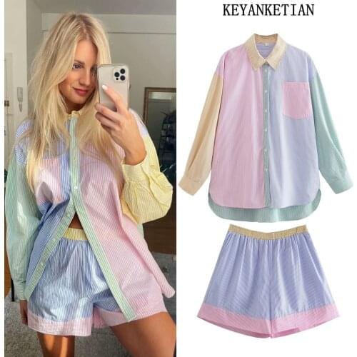 KEYANKETIAN Za womens fashion hit color striped print top ladies buttoned casual top shorts shirt two-piece summer