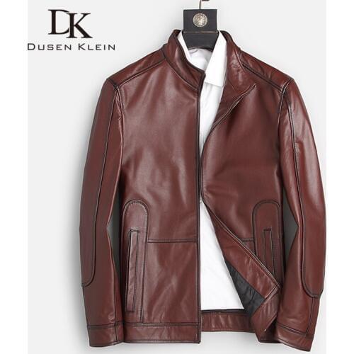 DK Genuine Leather Cowhide Jackets Men Autumn Wine Red Leather Natural Clothing Mandarine Collar Causal Leather Real Coats