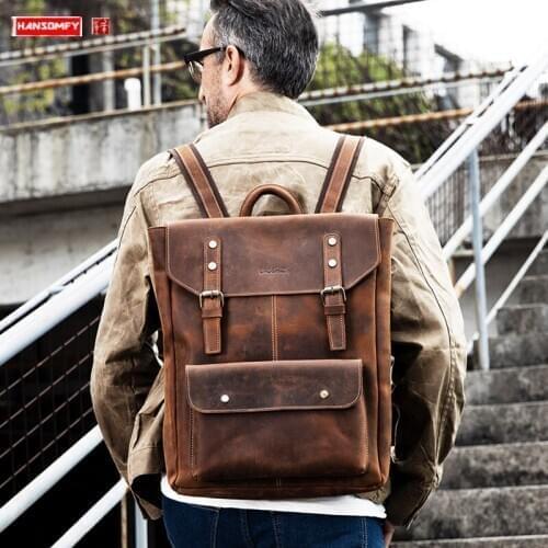 Mens Backpack Leather Casual Large-capacity Backpack First Layer Leather Business Computer Bag Travel Trendy Bags