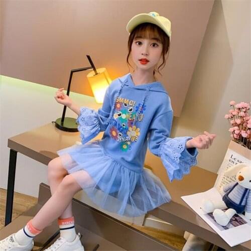 Teen girls dress Hooded Baby Kids Long-sleeve Sweatshirt Dresses for Girls Cartoon Pattern Print Dress