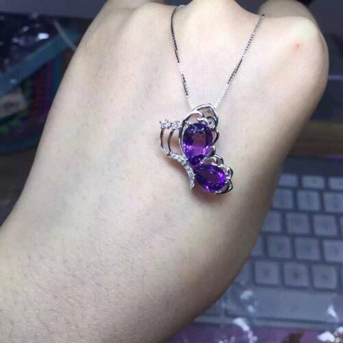 Natural amethyst pendant 925 Sterling silver Natural gemstone Pendant Necklace trendy Cute lovely Butterfly fly women jewelry
