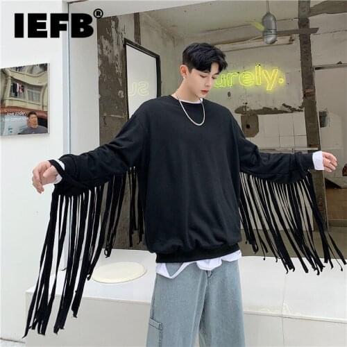 IEFB Autumn 2021 New Fashion Cut Tassel Long Sleeve O-neck Sweatshirt For Men 2021 New Black Red Oversized Pullover Tops 9Y9242