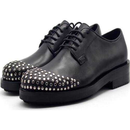 High top handmade men shoes round toe black rivet genuine leather lace up formal wedding business shoes for men