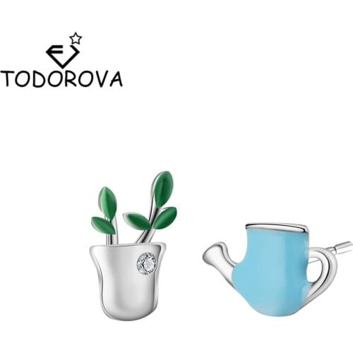 Todorova Asymmetric Delicate Potted Green Plant Seedlings Sprout Stud Earrings Female Cute Blue Enamel Watering Pot Earring