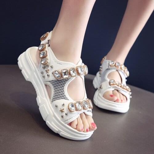 Womens leather sandals with rhinestone mesh sports wind sandals for women