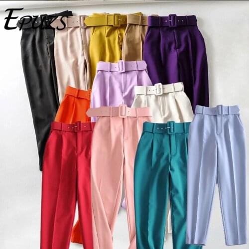 Women casual office high waist with belt Pants Fashion blue purple straight Pants Korean ZA pants 2021 female Sweatpant Capris