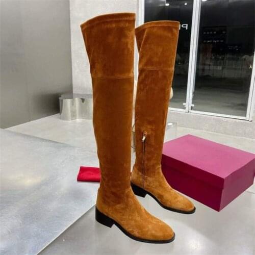 Luxury Colorful Rhinestone Women Over The Knee Boots Nature Suede Leather Round Toe Low Heels Casual Shoes Women Long Boots 2021