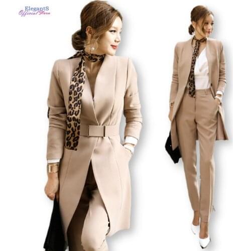 2020 Fashion Women 2 Piece Long Blazer Set Lace Up Pant Suits Office Lady Long Jacket Trousers Female Autumn Spring Plus Size