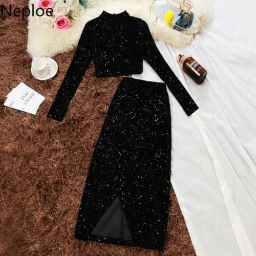 Neploe Gold Velet Temperament 2 Pcs Women Set Stand Collar Long Sleeve Top + High Waist Hip Skirt Conjuntos De Mujer 48025