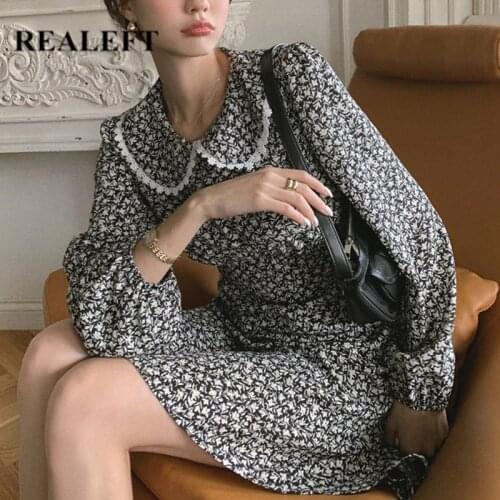 REALEFT 2021 Spring New High Waist Womens Floral Dress Korean Style Elegant Long Sleeve Slim Ladies Midi Dresses Female