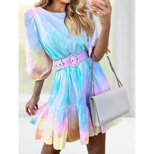 Womens Dress Ladies Casual Tie Dye High Waist Lantern Sleeve Ruffle Stitching Dress Ladies Women Colorful Tie Dye Dress XL