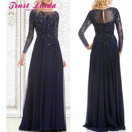 Top Selling Elegant Navy Blue Mother of The Bride Dresses Chiffon See-Through Long Sleeves Sheer Neck Appliques Beaded Prom Gown