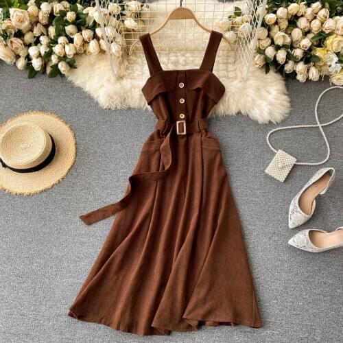 Foamlina Korean Style Women Vintage Dress 2020 Autumn Winter Spaghetti Strap Sleeveless Belted A-line Midi Work Party Dress