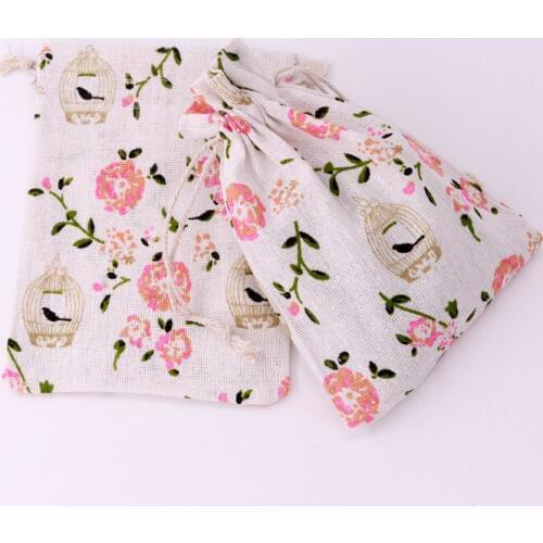 5pcs/lot 13x18cm Pink Flower Bird Cage Print Linen Cotton Bags Gifts Candy Jewelry Packaging Drawable Pouches for Party Storage