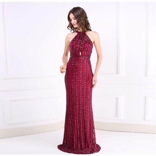 Burgundy Glittered Sparkle Halter Night Party Dress O Neck Hollow Out Sleeveless Striped Glitter Floor Length Long Dress