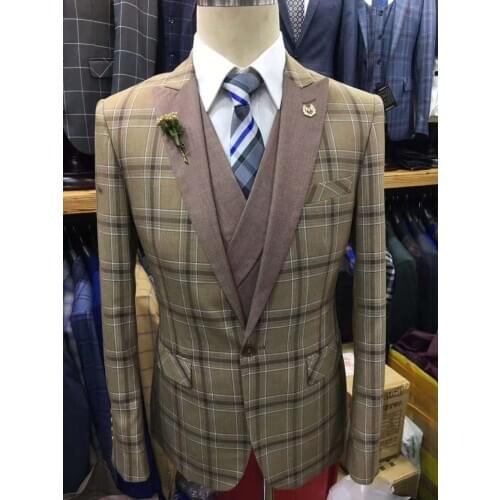 Suit men costume homme Plaid terno Wedding Suits Slim Fit 3 Pieces Tuxedo Groom Groomsman best man Business Dress men suit