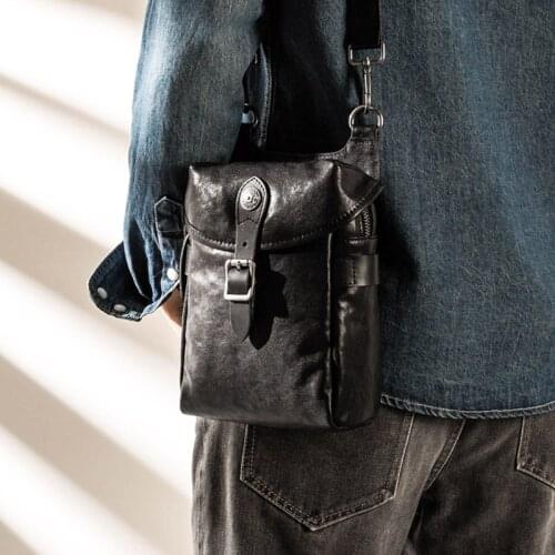 Leather trendy messenger bag, mens casual simple sports bag, first layer cowhide youth shoulder bag