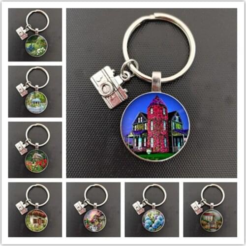 Fashion Flowers Garden House Art Painting Keychain Glass Cabochon White Horse Animal Keyring Car Bag Key Ring