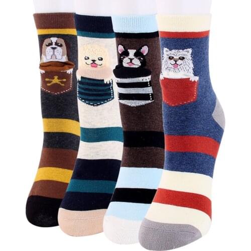 High quality women cartoon cotton socks 4pairs/lot colorful unique dog sock female and woman art sock for wedding christmas gift