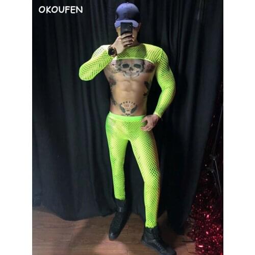 Male Fluorescence hollow-out sexy Mesh shirt costumes pants Nightclub bar DJ singer stage dance wear party show half suit set