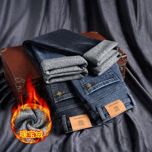 2021 Autumn Winter Brand High-quality Fitted Straight Jeans Classic Embroidery Fleece Thick Warm Mens Fashion Jeans Blue Gray