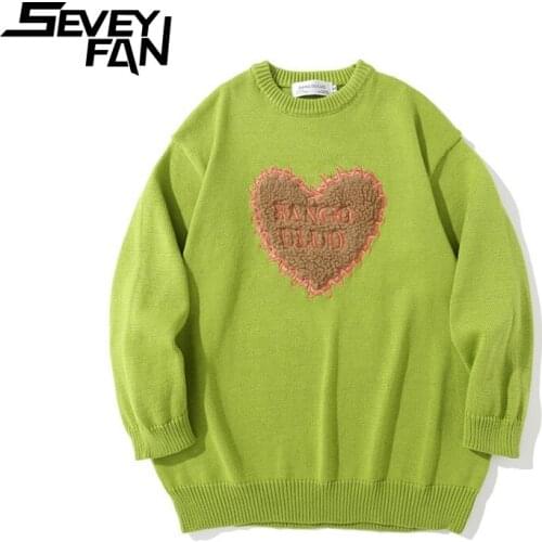 SEVEYFAN Mens Fashion Love Pattern Embroidery Sweaters Solid Cotton Kintwear Hip Hop Pullover Sweater for Couples