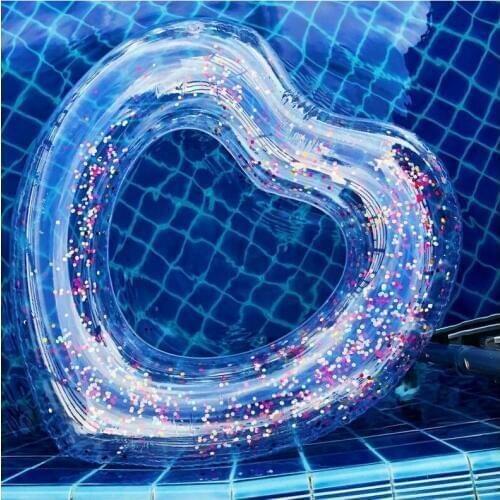 90cm/120cm Heart Shape Swimming Ring Twinkly Sequin Inflatable Swimming Circle Floating Raft for Women Kids Buoy Water Fun Toys