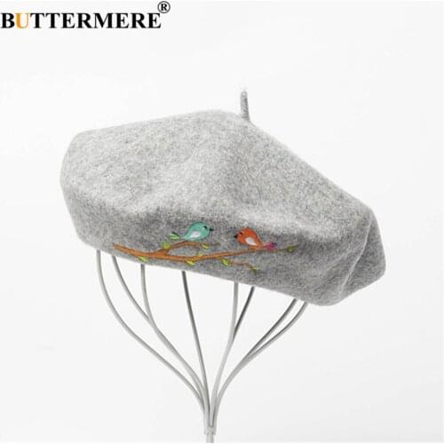 BUTTERMERE Winter Hat Wool Gray Beret Hats for Women Bird Embroidery Female Vintage Designer Brand High Quality French Beret