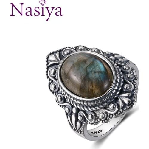 Nasiya Vintage Oval Natural Labradorite Rings For Women 925 Sterling Silver Ring Jewelry Finger Ring Gemstone Rings Party Gift