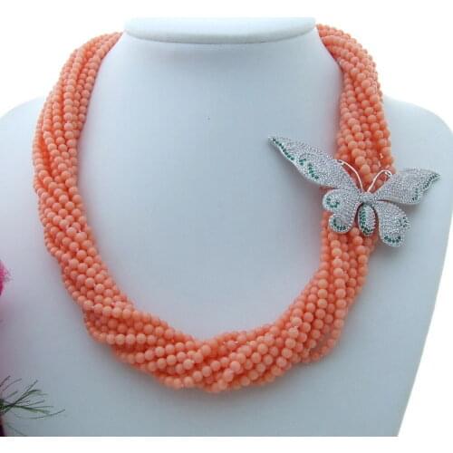 Charming 13 strands round pink coral necklace micro inlay zircon butterfly buckle flower accessories necklace long 50 cm