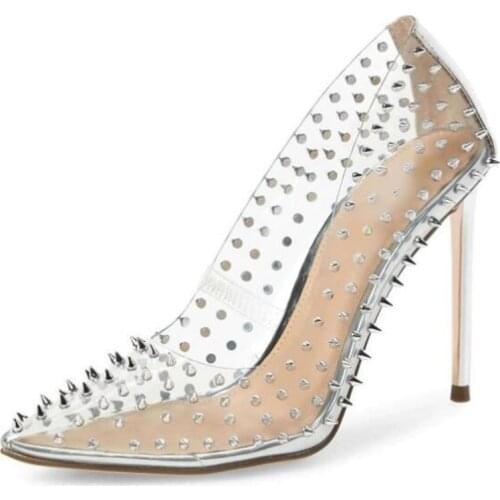 Sexy Clear PVC Transparent High Heel Pumps Silver Rivets Stiletto Heel Dress Shoes Shallow Slip-on Banquet Party Shoes Drop Ship
