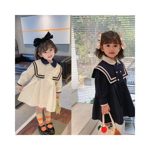Girls Dress Baby Girl Sailor Collar Little Cute Princess Dress 2021 Spring and Summer New Baby Girl Long Sleeve College Dresses