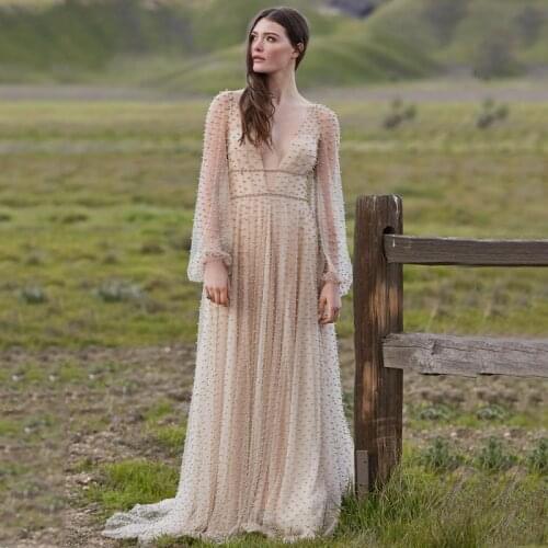 Sexy V-Neck Backless Long Sleeve Pearls Tulle A-Line Wedding Dress 2021 Vestido De Noiva Bridal Gown