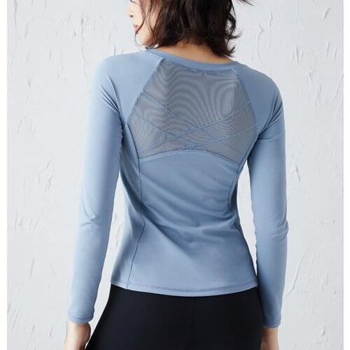 Nude Yoga Top Women Mesh Stitching Beauty Back Sports Long-sleeved T-shirt with Chest Pad
