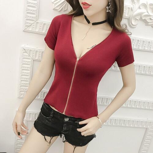 Zipper Tee Shirt Femme Knitted Cotton Sexy Slim T Shirt Women Womens Tops 2018 T-shirt V-neck short Tshirt Poleras De Mujer