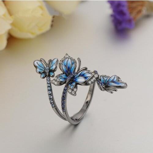 Female Big Blue Enamel Butterfly Ring Vintage Black Gold Wedding Rings Promise Engagement Rings For Women