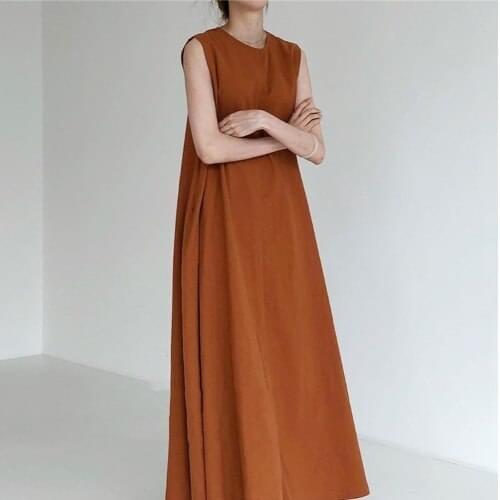 2021 Dress Chic Loose Swing Sleeveless Mid-length Cotton Linen Long Dress Sleeveless High Waist Women Runway Dress FT754