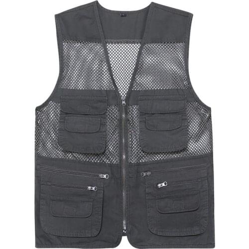 New Casual Loose Cotton Men Vest V-Neck Mesh Zipper Sleeveless Mens Jacket Spring Summer Male Vest with Many Pockets