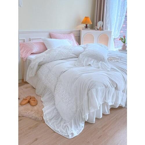 Korean Light Luxury White Gray Baby Velvet Bedding Set Thick Fairy Lace Quilt Cover Warm Bed Skirt Twin Full Queen King 4 PCS