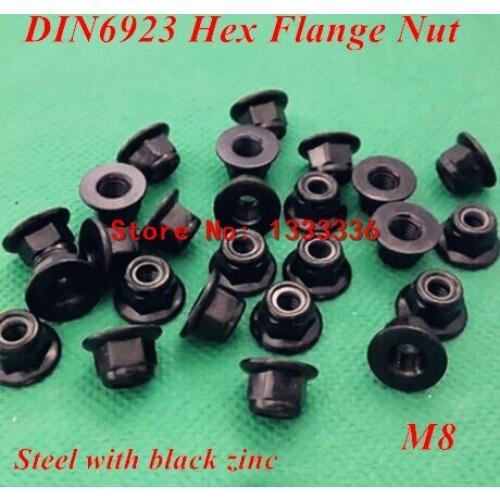 50pcs M8 DIN6923 Hexagon Flange Nuts Nylon Insert Hex Nuts with Flange Black steel with Zinc