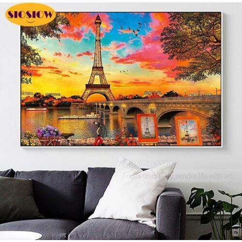 5D DIY Diamond Painting Eiffel Tower Sunset Scenery Landscape Cross Stitch Patterns Full Drill Daimond Embroidery Art Decor Home