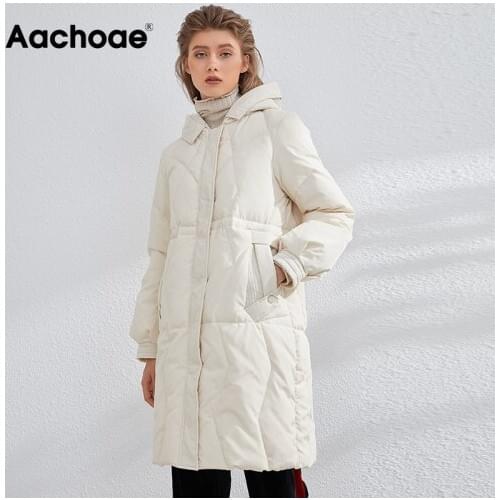 Aachoae Solid Women Long Down Jacket Casual Hooded White Duck Coat Female Lightweight Warm Lady Casacos Winter Abrigo Mujer