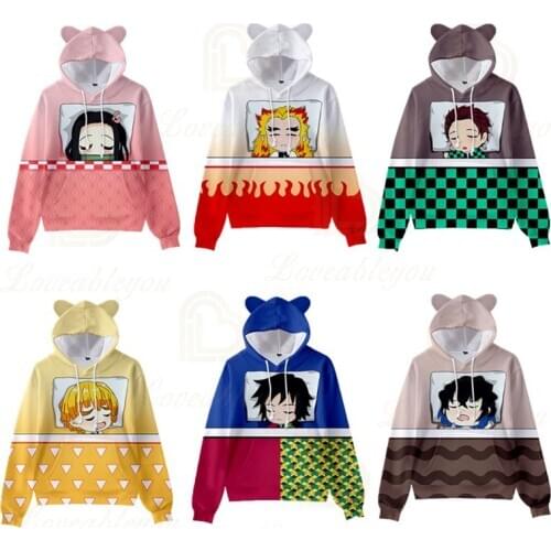 Demon Slayer Kamado Tanjirou Kamado Nezuko Agatsuma Zenitsu Cosplay Cat Ears Hoody Childrens Pullover Hooded Kids Hoodies
